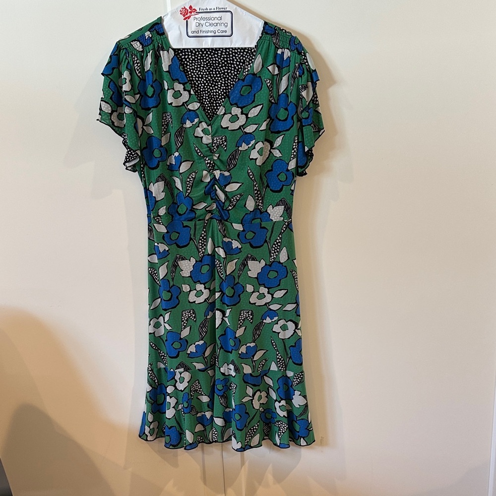 CAbi Celebrate Dress Green and Blue Floral Reversible Black Nad White Mini Dress